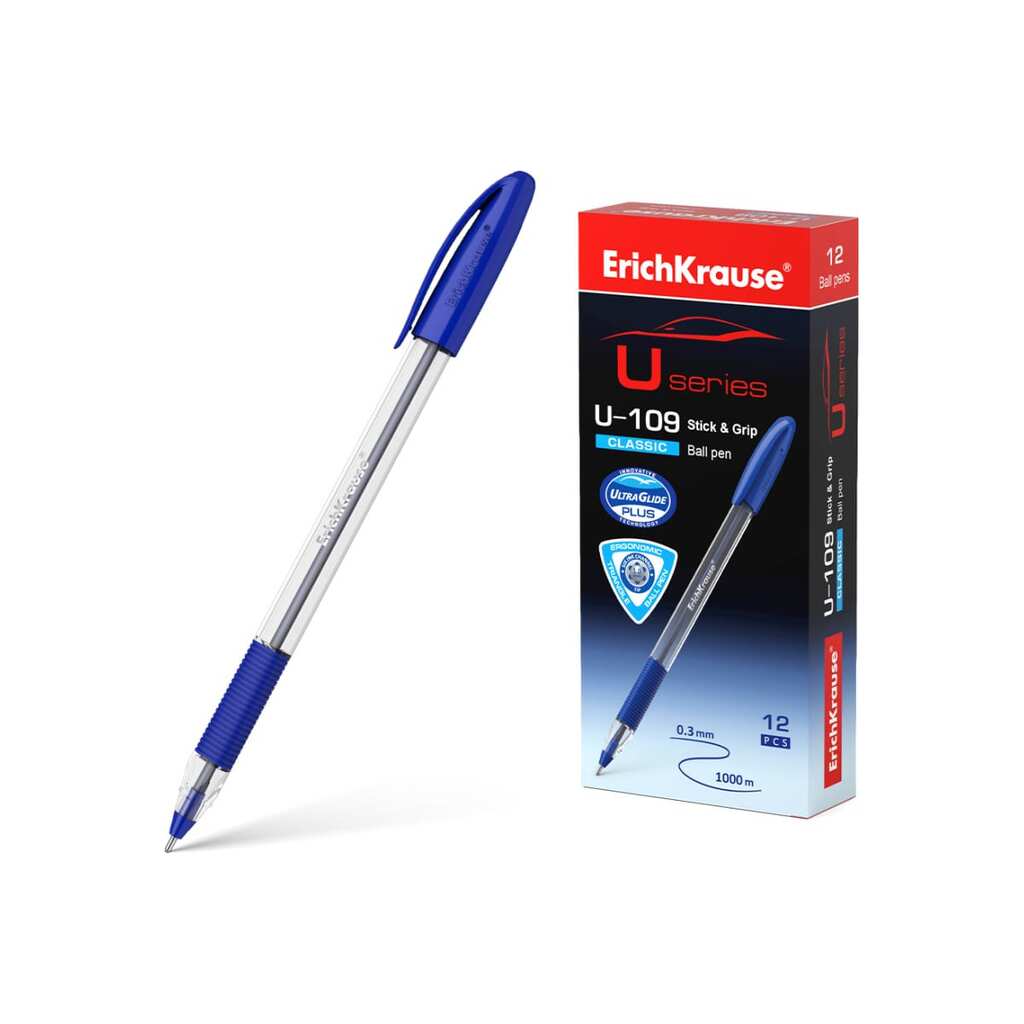 Шариковая ручка ErichKrause U-109 Stick&Grip Classic 1.0, Ultra Glide Technology, цвет чернил синий, 12 шт. в упаковке 53742