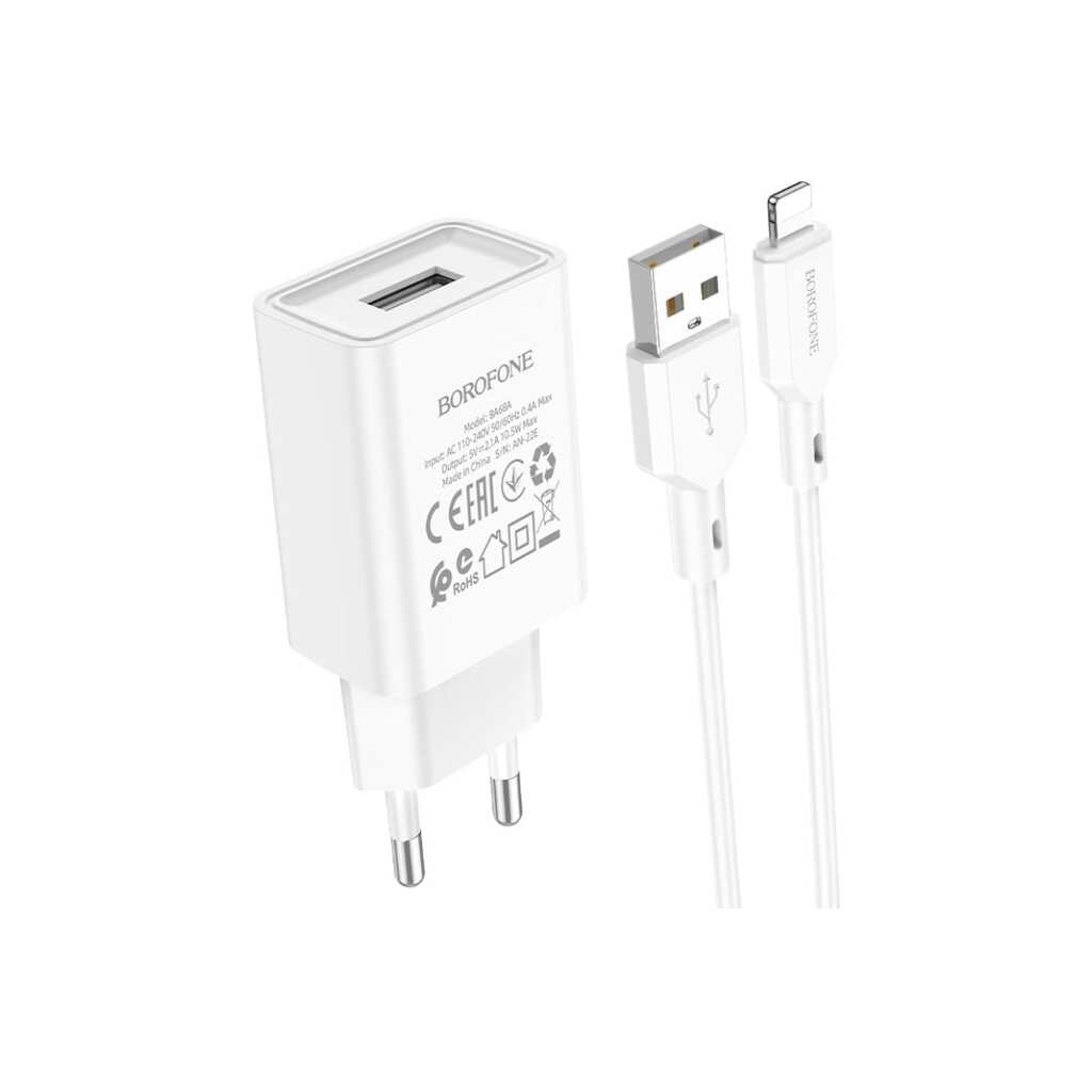 СЗУ Borofone ba68a glacier 1xusb, 2.1а + кабель lightning 8-pin, 1м (белый) 0L-00055773