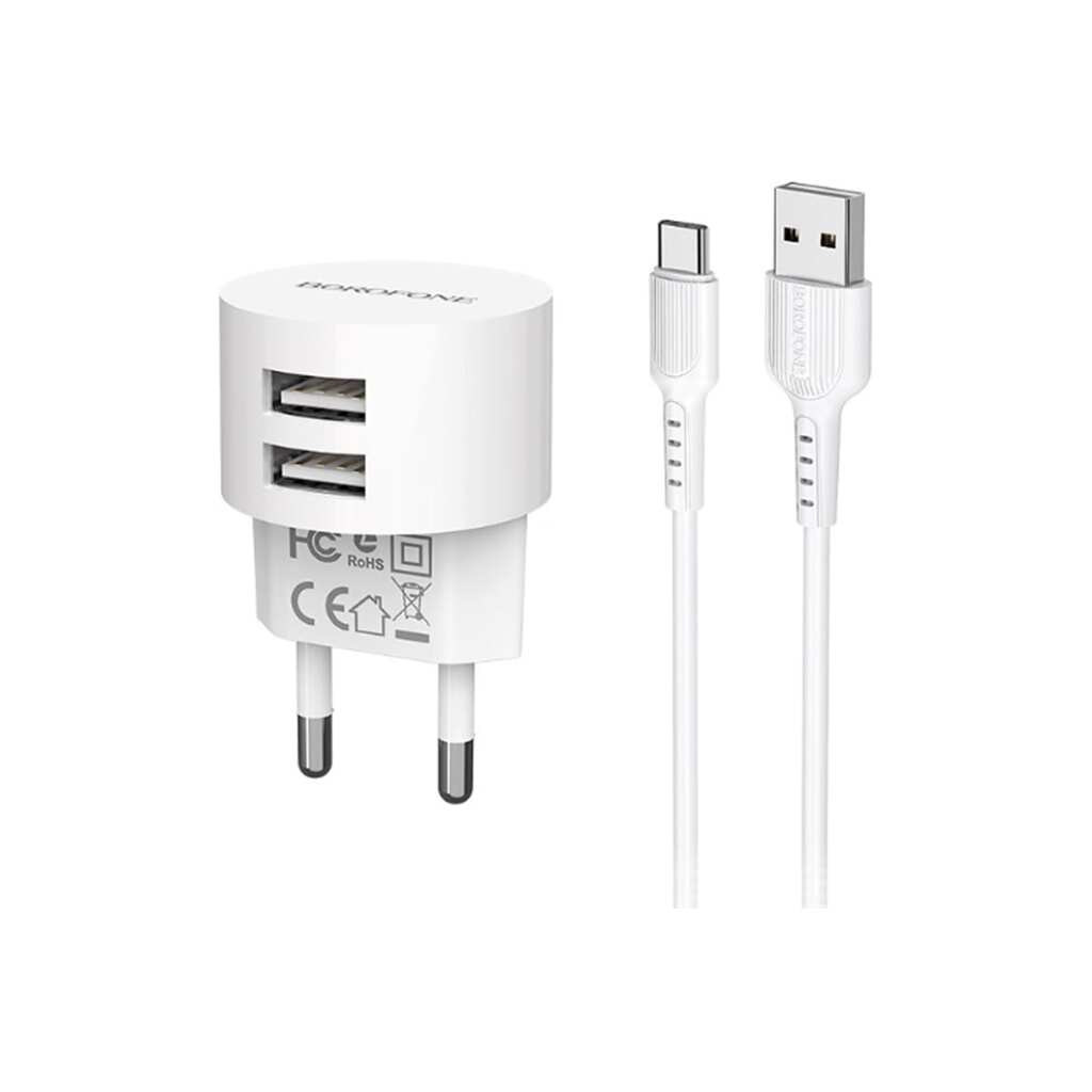 Сетевое зарядное устройство Borofone ba23a brilliant 2xusb, 2.4а + кабель type-c, 1м, белый 0L-00044347