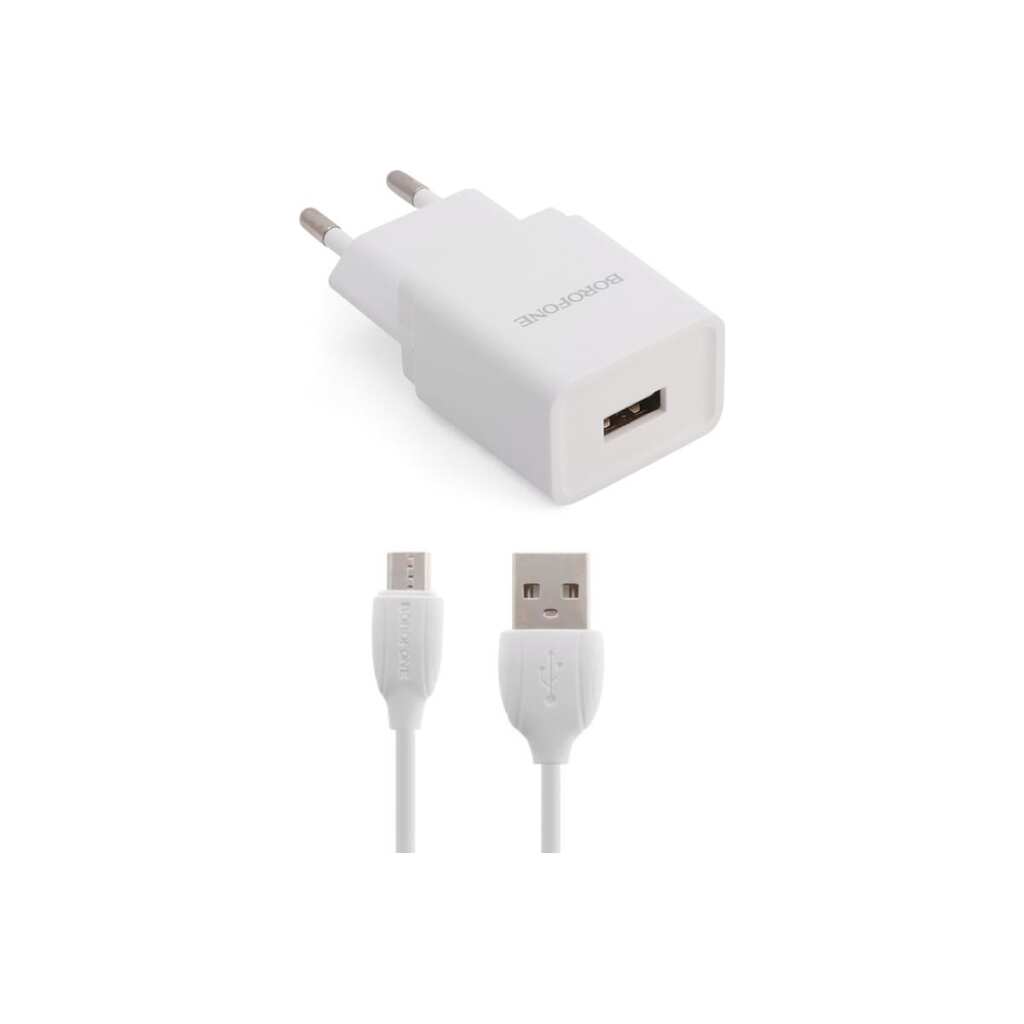 Сетевое зарядное устройство Borofone ba19a nimble 1xusb, 1а + кабель microusb, 1м, белый 0L-00048558