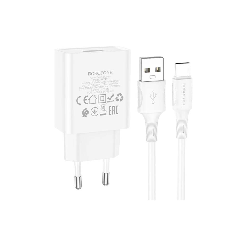 СЗУ Borofone ba74a aspirer 1xusb, 2.1а + кабель type-c, 1м (белый) 0L-00057163