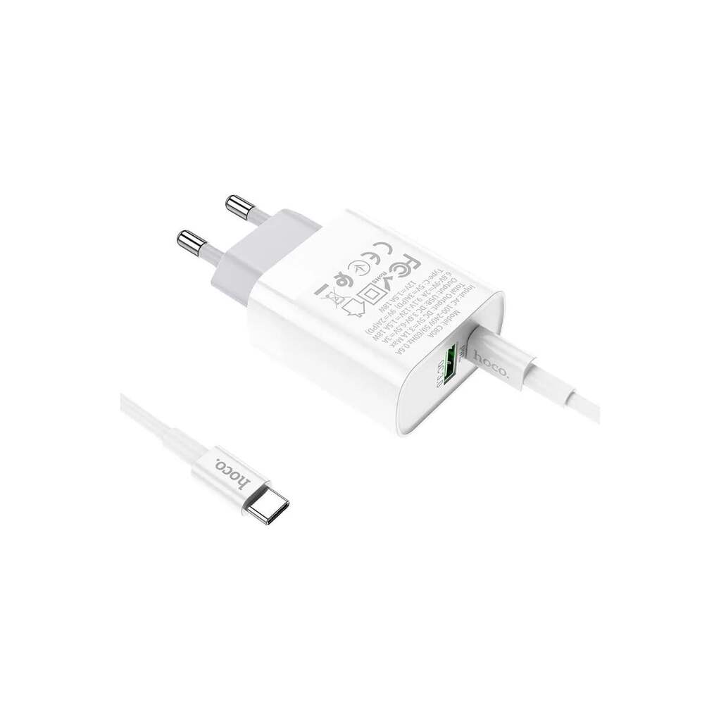 Сзу Hoco c80a rapido 1xusb, 1xusb-c, 3а, pd20w, qc3.0 + usb-c кабель type-c, 1м (белый) 0L-00050626