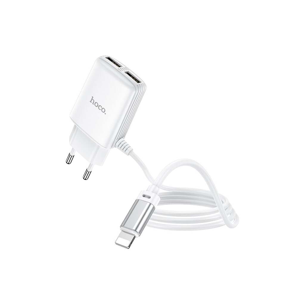 Сетевое зарядное устройство Hoco c82a real power 2xusb, 2.4а, интегр кабель lightning 8-pin, 1м (белый) 0L-00049097