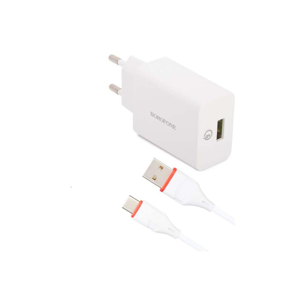 Сетевое зарядное устройство Borofone ba21a long journey 1xusb qc3.0, 18w, 3а + кабель type-c, 1м, белый 0L-00043640