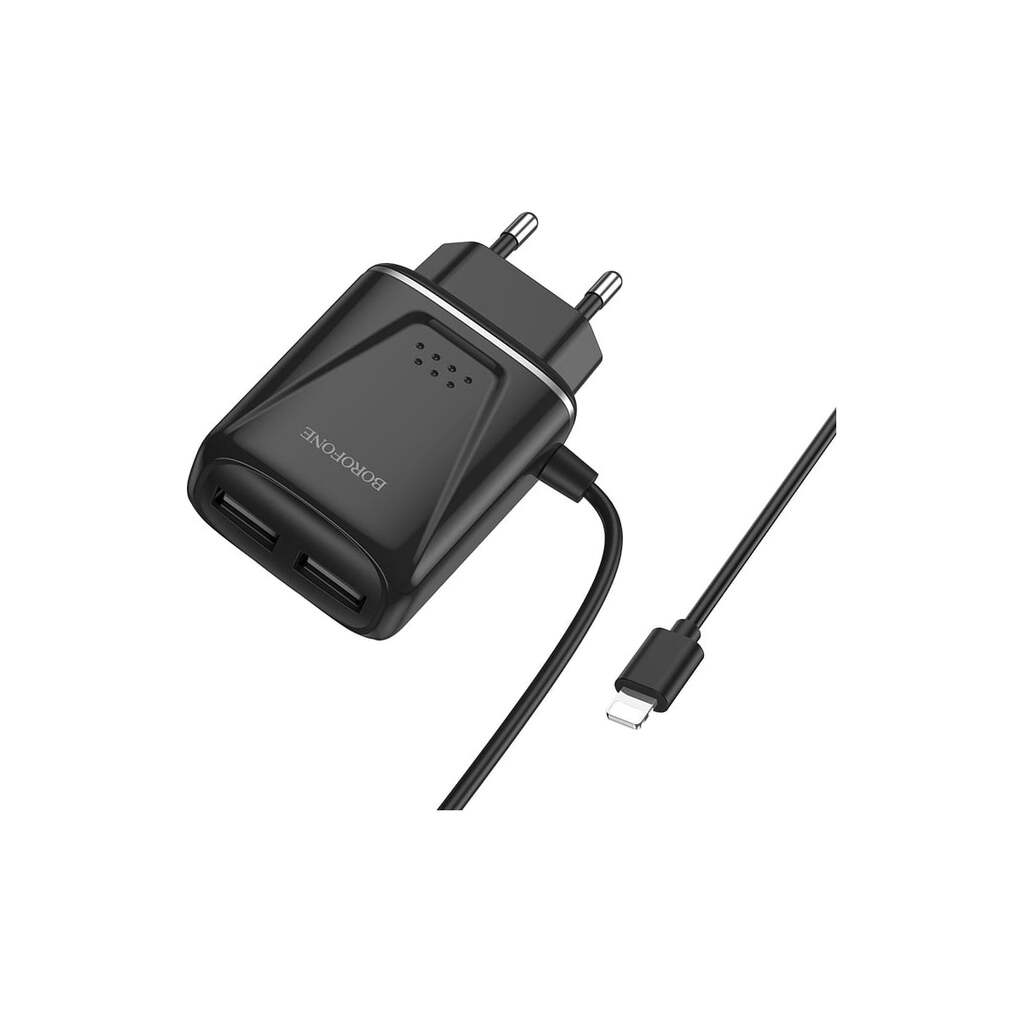 СЗУ Borofone ba50a beneficence 2xusb, 2.1а, интегрированный кабель lightning 8-pin, 1м (черный) 0L-MG-WF314