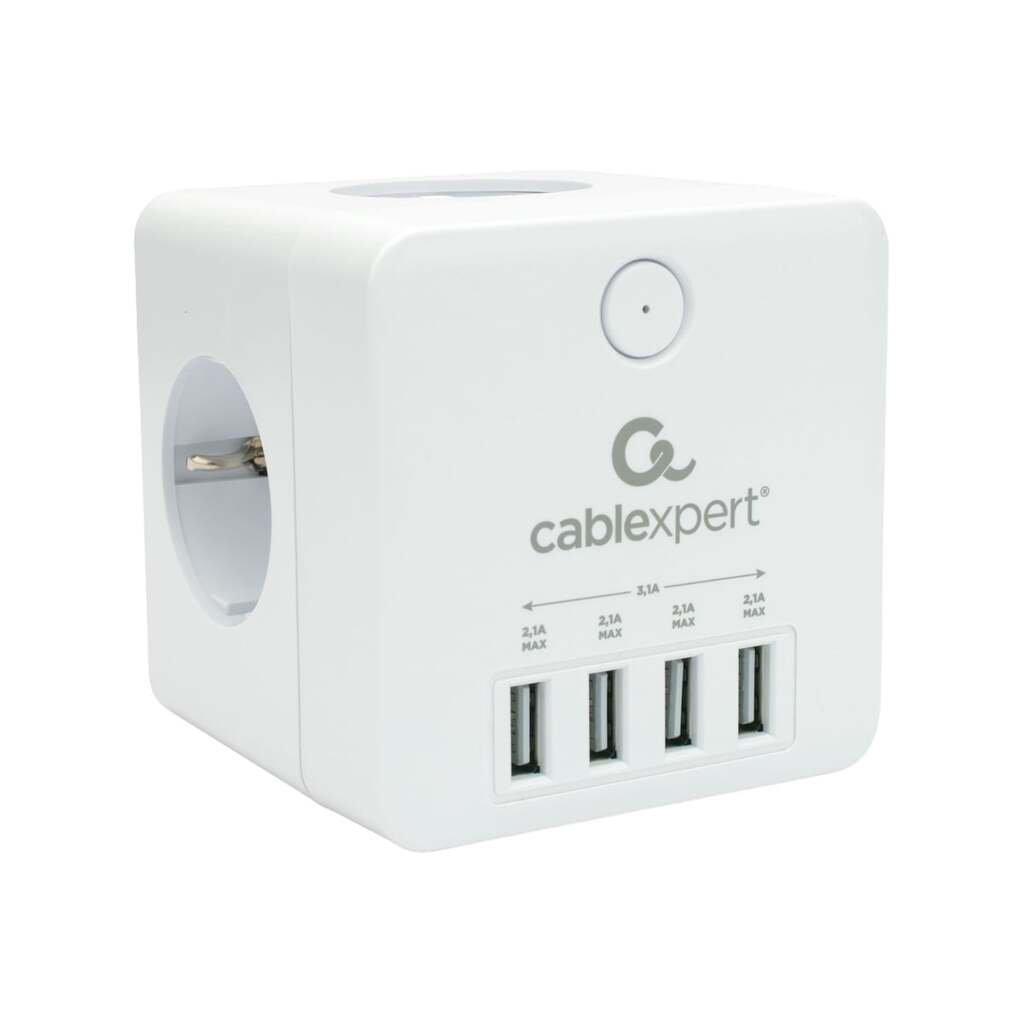 Сетевой фильтр Cablexpert cube, 4р, 16а, 4хusb, ур.защиты 2+, белый, коробка, CUBE-4-U4-W