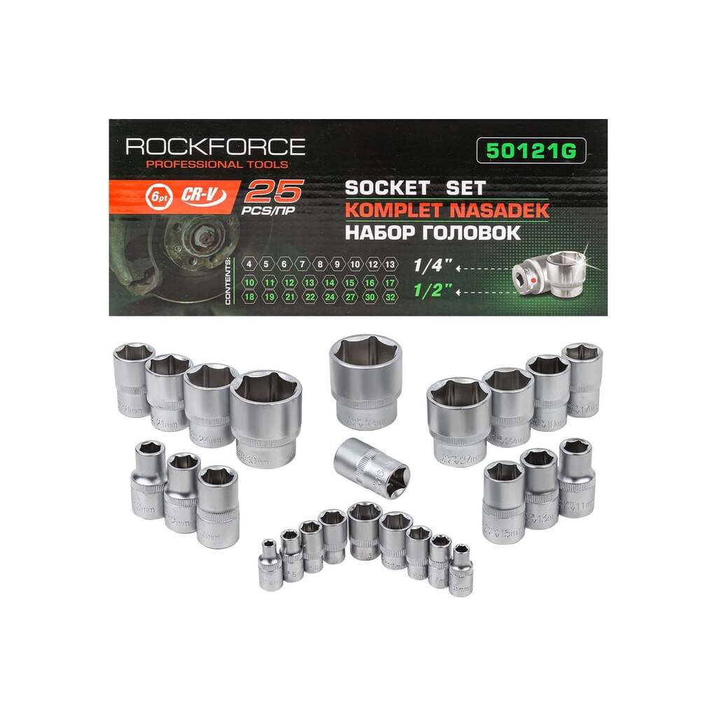 Головки 6-гранные 1/4" DR, 1/2" DR, 25 предметов Rockforce RF-50121G(57682)