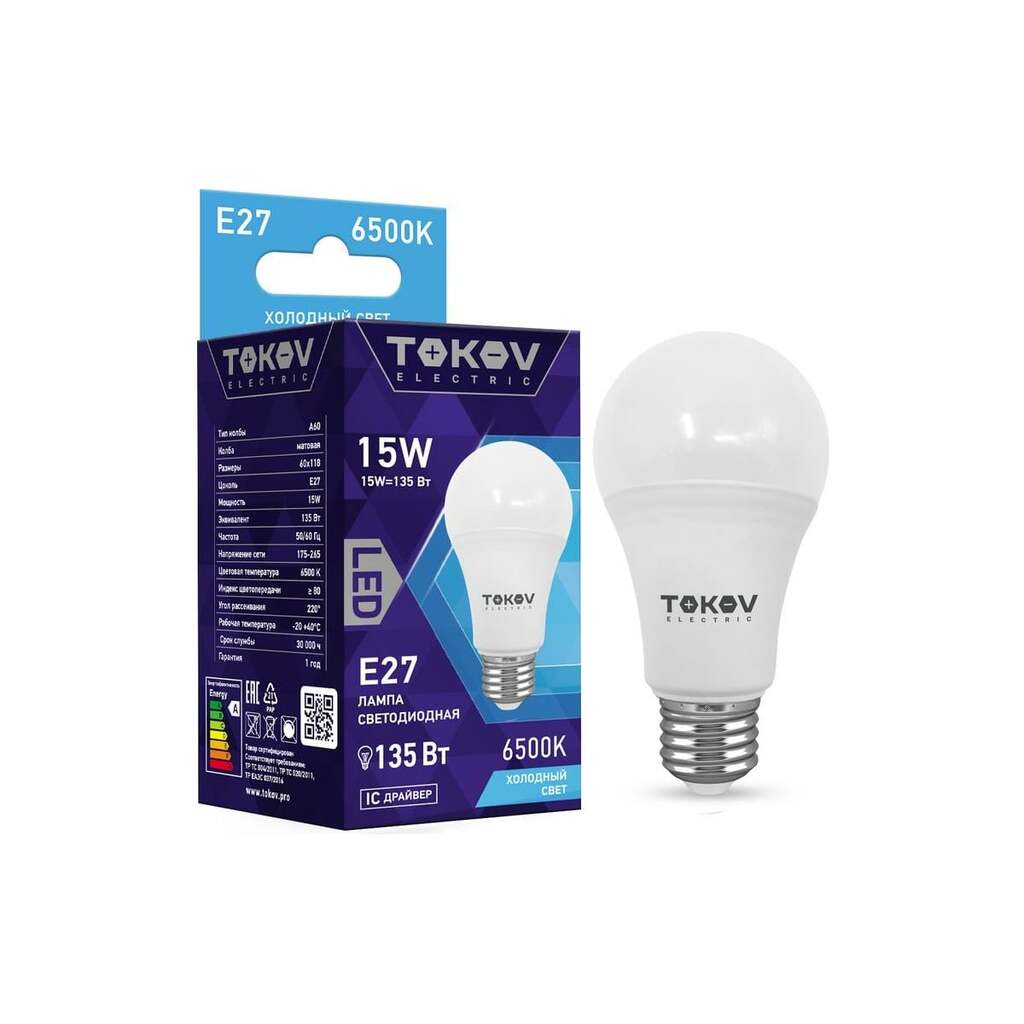 Светодиодная лампа TOKOV ELECTRIC 15Вт А60 6500К Е27 176-264В TKE-A60-E27-15-6,5K