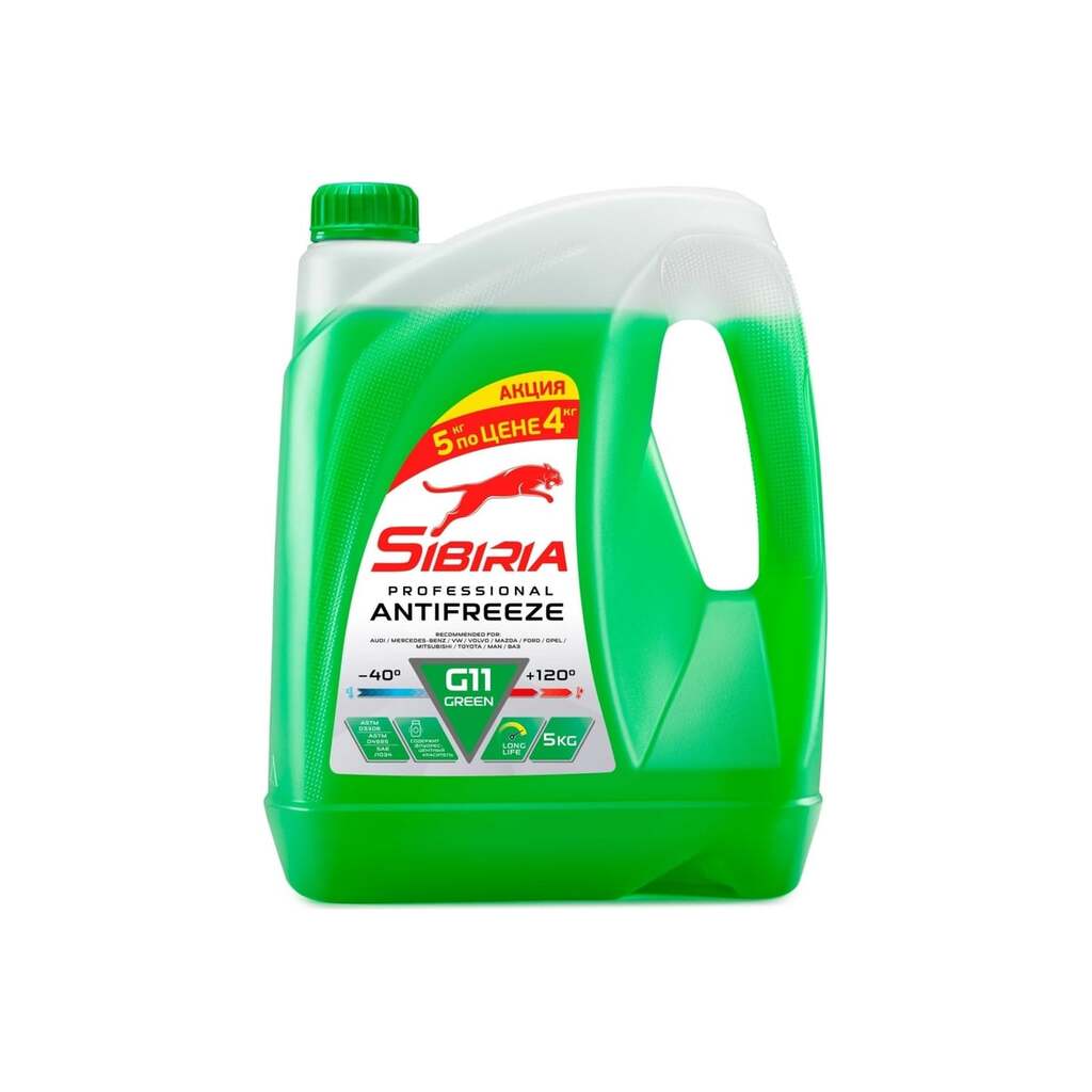 Антифриз Sibiria antifreeze G11 (-40) зеленый 5 кг, 1 кг бесплатно, гибридный, силикатный 800214