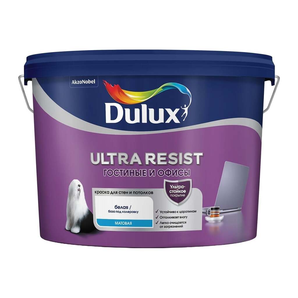 Краска Dulux Ultra Resist гостиные и офисы, матовая, BC, 2,25 л 5747851