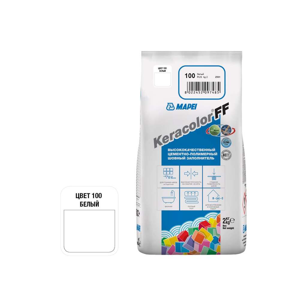 Затирка MAPEI KERACOLOR FF № 100/2кг (Белый) 5QA010002A