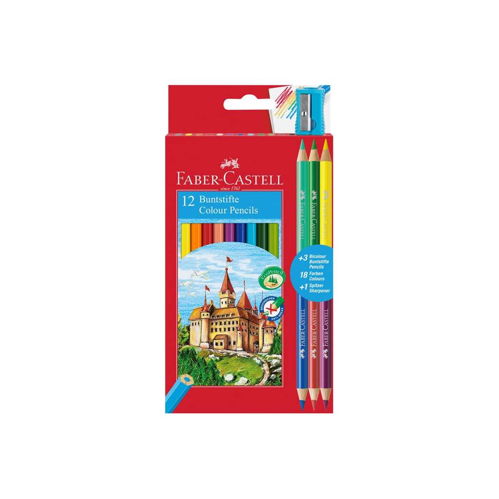 Цветные карандаши Faber-Castell замок, 12 цветов, шестигранные, заточенные, 6 цветов, точилка, картонная коробка, европодвес 110312