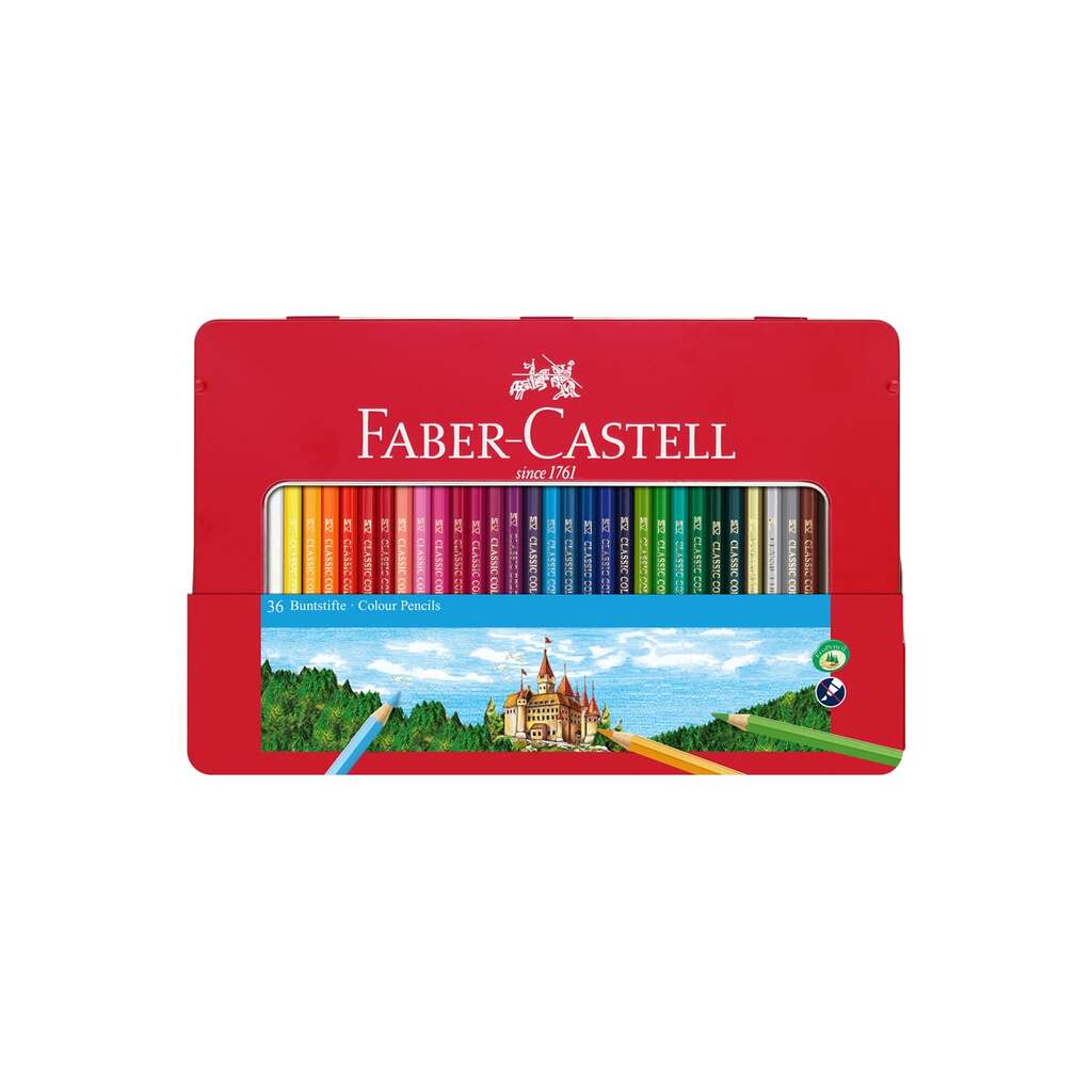 Цветные карандаши Faber-Castell замок, 36 цветов, шестигранные, заточенные, металлическая коробка 115886