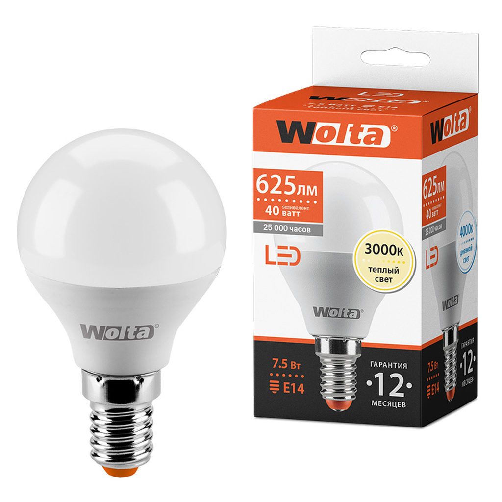 Лампа Wolta ШАР 7.5 Вт LED, 3000K, 25Y45GL7.5E14