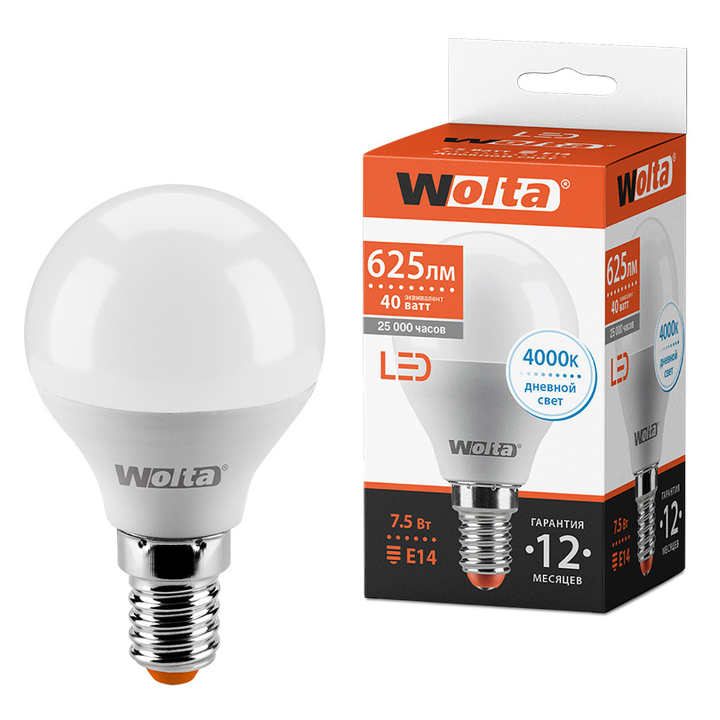 Лампа Wolta ШАР 7.5 Вт LED, 4000K, 25S45GL7.5E14