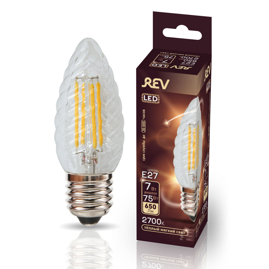 Светодиодная лампа REV FILAMENT свеча витая, TC37, E27, 7W, 2700K, DECO Premium 32427 0