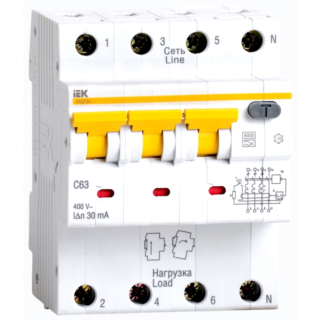 Автоматический дифференциальный выключатель тока IEK 3п+N 2мод. C 16A 30mA тип A 6kA АВДТ-34 ИЭК MAD22-6-016-C-30
