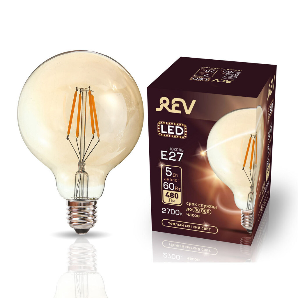 Светодиодная лампа REV VINTAGE Filament шар G95, E27, 5W, 2700K, DECO Premium, 32433 1