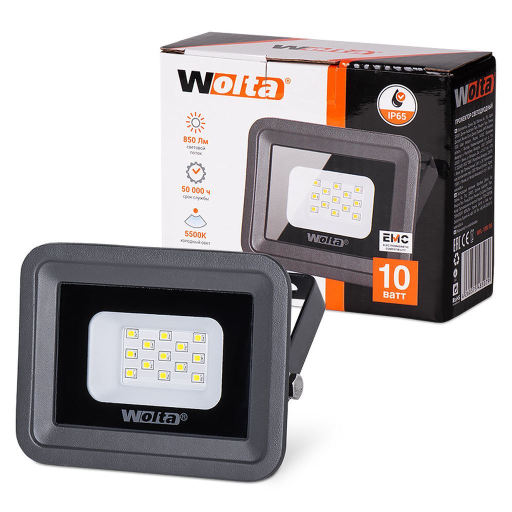 Светодиодный прожектор Wolta 5500K, 10 W SMD, IP 65, цвет серый, слим WFL-10W/06