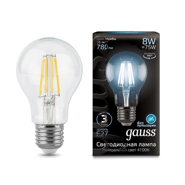 Лампа Gauss LED Filament A60 E27 8W 780lm 4100K 102802208