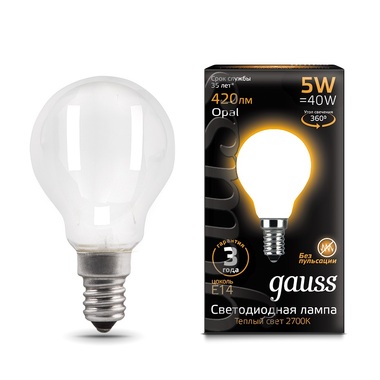 Лампа Gauss LED Filament Шар OPAL E14 5W 420lm 2700K 105201105