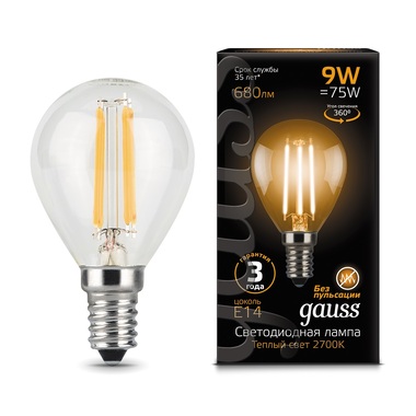 Лампа Gauss LED Filament Шар E14 9W 680lm 2700K 105801109