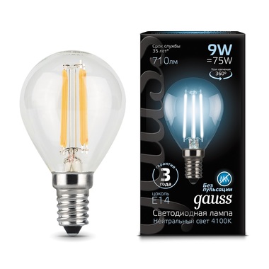 Лампа Gauss LED Filament Шар E14 9W 710lm 4100K 105801209