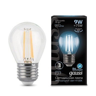 Лампа Gauss LED Filament Шар E27 9W 710lm 4100K 105802209