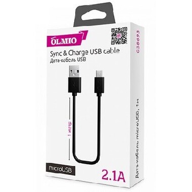 Дата-кабель OLMIO USB 2.0 - microUSB, 1м, 2.1A, черный (38693)