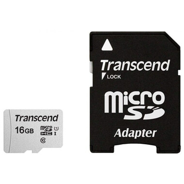 Карта памяти 16Gb - Transcend 300S MicroSDHC Class 10 UHS-I TS16GUSD300S-A с переходником под SD (Оригинальная!)