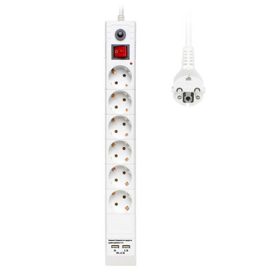 Сетевой фильтр Buro 6 Sockets 3.0m White BU-SP3_USB_2A-W