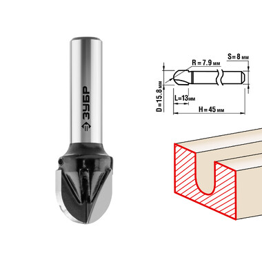 Фреза пазовая галтельная ПРОФЕССИОНАЛ (15.8х13х45 мм; R 7.9 мм; хвостовик 8 мм) Зубр 28782-15.8-13