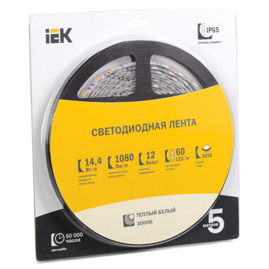 Лента LED (2500-3500К) самоклеющ DC 12В 14.4 Вт/м 60led/м IP65 10 мм (бухта 5м) IEK LSR2-1-060-65-1-05