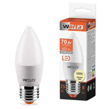 Лампа Wolta СВЕЧА 7.5 Вт LED, 3000K, 25YC7.5E27