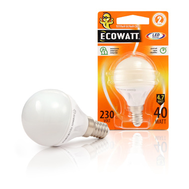 Светодиодная лампа ECOWATT P45 230В 4.7W 2700K E14 теплый белый свет, шарик 4606400613336