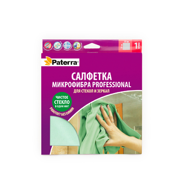 Салфетка Микрофибра PROFESSIONAL для стекол и зеркал PATERRA 35 х 35 см в картонной упаковке  406-011