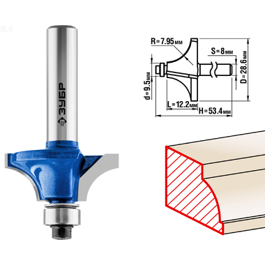 Фреза кромочная калевочная №1 ПРОФЕССИОНАЛ (28.6х12.2х53.4 мм; R7.95 мм; хвостовик 8 мм) Зубр 28700-28.6