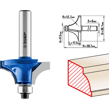 Фреза кромочная калевочная №1 ПРОФЕССИОНАЛ (38.1х17.5х58.7 мм; R12.7 мм; хвостовик 8 мм; ВК6) Зубр 28700-38.1