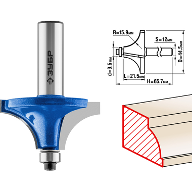Фреза кромочная калевочная №1 ПРОФЕССИОНАЛ (44.5х21.5х65.7 мм; R15.9 мм; хвостовик 12 мм; ВК6) Зубр 28700-44.5