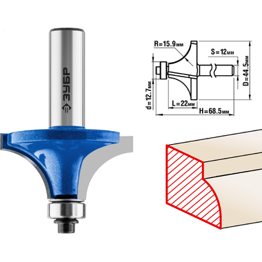 Фреза кромочная калевочная №1 ПРОФЕССИОНАЛ (44.5х22х68.5 мм; R15.9 мм; хвостовик 12 мм; ВК6) Зубр 28701-44.5