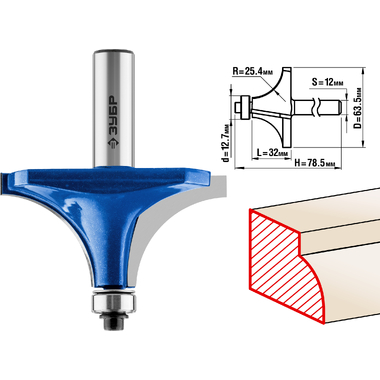 Фреза кромочная калевочная №1 ПРОФЕССИОНАЛ (63.5х32х78.5 мм; R25.4 мм; хвостовик 12 мм; ВК6) Зубр 28701-63.5