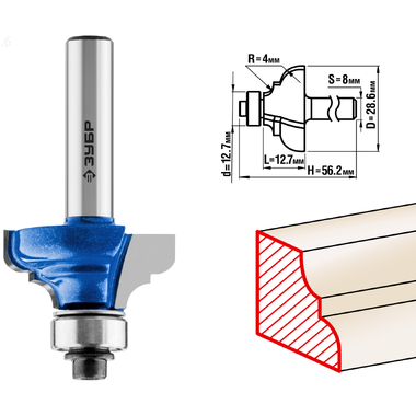 Фреза кромочная калевочная №3 ПРОФЕССИОНАЛ (28.6х12х52 мм; R4 мм; хвостовик 8 мм) Зубр 28703-28.6