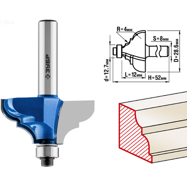 Фреза кромочная калевочная №3 ПРОФЕССИОНАЛ (28.6х12х52 мм; R4 мм; хвостовик 8 мм) Зубр 28704-28.6