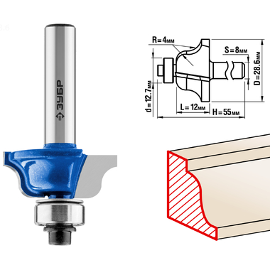 Фреза кромочная калевочная №6 ПРОФЕССИОНАЛ (28.6х12х55 мм; R4.8 мм; хвостовик 8 мм) Зубр 28707-28.6