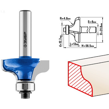 Фреза кромочная калевочная №8 ПРОФЕССИОНАЛ (31.8х13х56.5 мм; R4.8 мм; хвостовик 8 мм) Зубр 28710-31.8