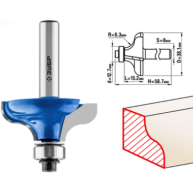 Фреза кромочная калевочная №8 ПРОФЕССИОНАЛ (38.1х15.2х58.7 мм; R6.3 мм; хвостовик 8 мм) Зубр 28710-38.1
