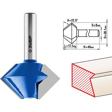Фреза кромочная конусная ПРОФЕССИОНАЛ (38.1х17.1х49 мм; угол 22.5 град; хвостовик 8 мм) Зубр 28725-38.1-22