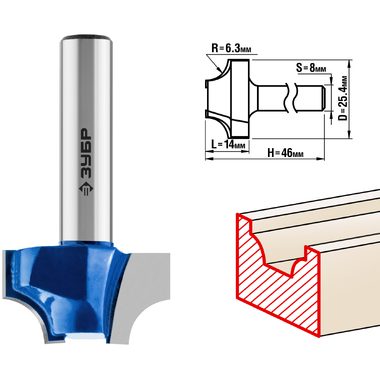 Фреза пазовая фасонная №1 ПРОФЕССИОНАЛ (25.4х14х46 мм; R6.3 мм; хвостовик 8 мм) Зубр 28740-25.4
