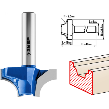 Фреза пазовая фасонная №1 ПРОФЕССИОНАЛ (31.8х16х48 мм; R9.5 мм; хвостовик 8 мм) Зубр 28740-31.8