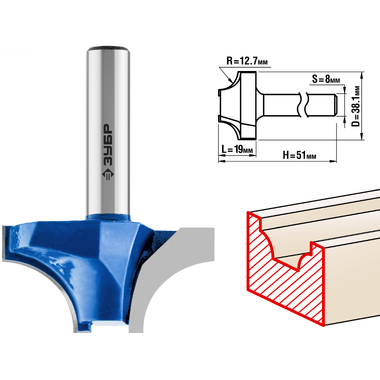 Фреза пазовая фасонная №1 ПРОФЕССИОНАЛ (38.1х19х51 мм; R12.7 мм; хвостовик 8 мм) Зубр 28740-38.1